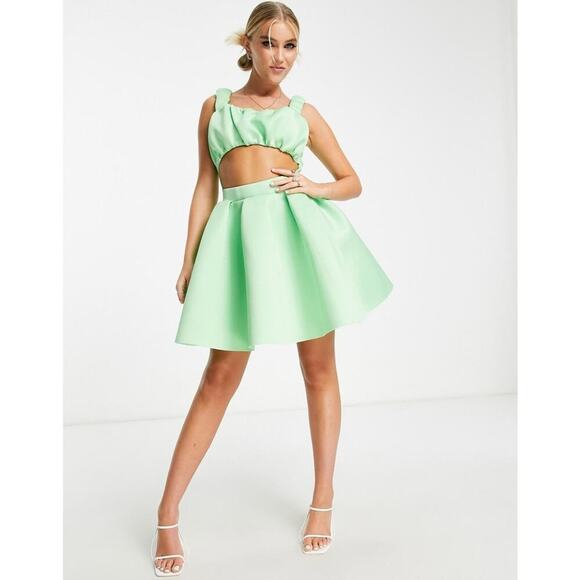 ASOS DESIGN structured 2-in-1 A-line skater mini dress with ruffled bust Size 2 - Picture 3 of 14